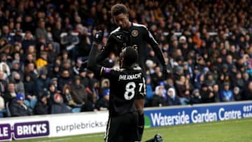 PETERBOROUGH, ENGLAND - JANUARY 27: Kelechi Iheanacho of Leicester City celebrates scoring his side's third goal with Demarai Gray during The Emirates FA Cup Fourth Round match between Peterborough United and Leicester City at ABAX Stadium on January 27, 2018 in Peterborough, England. (Photo by Mark Thompson/Getty Images)