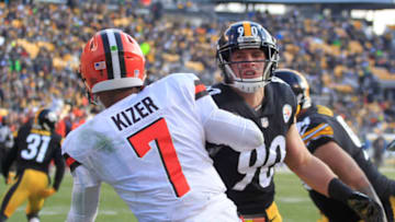 Dec 31, 2017; Pittsburgh, PA, USA; Pittsburgh Steelers outside linebacker T.J. Watt (90) pressures Cleveland Browns quarterback DeShone Kizer (7) during the second quarter at Heinz Field. Mandatory Credit: Charles LeClaire-USA TODAY Sports