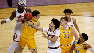 Mar 19, 2021; Indianapolis, Indiana, USA; Illinois Fighting Illini guard Andre Curbelo (5) shoots against the Drexel Dragons during the first round of the 2021 NCAA Tournament at Indiana Farmers Coliseum. Mandatory Credit: Aaron Doster-USA TODAY Sports