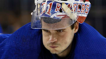 NEW YORK, NEW YORK - OCTOBER 19: Igor Shesterkin #31 of the New York Rangers takes a first period water break during the game against the Nashville Predators at Madison Square Garden on October 19, 2023 in New York City. (Photo by Bruce Bennett/Getty Images)