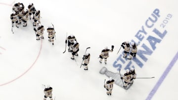 ST LOUIS, MISSOURI - JUNE 09: The Boston Bruins celebrate their 5-1 win over the St. Louis Blues in Game Six of the 2019 NHL Stanley Cup Final at Enterprise Center on June 09, 2019 in St Louis, Missouri. (Photo by Jamie Squire/Getty Images)