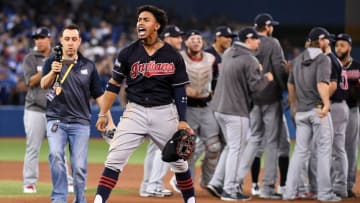 Oct 19, 2016; Toronto, Ontario, CAN; Cleveland Indians shortstop Francisco Lindor (12) celebrates beating the Toronto Blue Jays in game five of the 2016 ALCS playoff baseball series at Rogers Centre. Mandatory Credit: Nick Turchiaro-USA TODAY Sports
