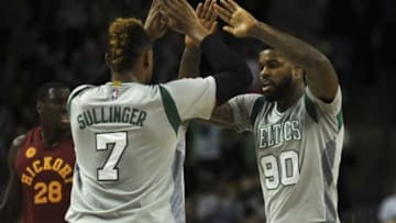 Jan 13, 2016; Boston, MA, USA; Boston Celtics center Jared Sullinger (7) and forward Amir Johnson (90) react after a basket during the second half against the Indiana Pacers at TD Garden. Mandatory Credit: Bob DeChiara-USA TODAY Sports