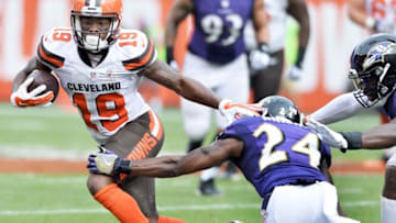 Sep 18, 2016; Cleveland, OH, USA; Cleveland Browns wide receiver Corey Coleman (19) runs with the ball after a catch as Baltimore Ravens cornerback Shareece Wright (24) goes for the tackle during the second half at FirstEnergy Stadium. The Ravens won 25-20. Mandatory Credit: Ken Blaze-USA TODAY Sports