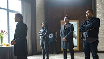 PRODIGAL SON: L-R: Tom Payne, Aurora Perrineau, Lou Diamond Phillips and Frank Harts in the "Pied-A-Terre" episode of PRODIGAL SON airing Monday, Nov. 25 (9:01-10:00 PM ET/PT) on FOX. © 2019 FOX MEDIA LLC. Cr: Eric Liebowitz/FOX.