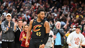 CLEVELAND, OHIO - MARCH 06: Donovan Mitchell #45 of the Cleveland Cavaliers celebrates after the Cavaliers defeated the Boston Celtics in overtime at Rocket Mortgage Fieldhouse on March 06, 2023 in Cleveland, Ohio. The Cavaliers defeated the Celtics 118-114 in overtime. NOTE TO USER: User expressly acknowledges and agrees that, by downloading and or using this photograph, User is consenting to the terms and conditions of the Getty Images License Agreement. (Photo by Jason Miller/Getty Images)