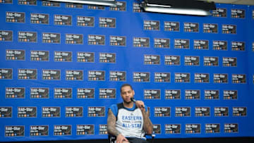 Feb 14, 2015; New York, NY, USA; Eastern Conference forward Carmelo Anthony of the New York Knicks (7) addresses the media during practice at Madison Square Garden. Mandatory Credit: Kyle Terada-USA TODAY Sports