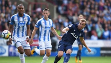 HUDDERSFIELD, ENGLAND - SEPTEMBER 30: Harry Kane of Tottenham Hotspur scores his sides third goal during the Premier League match between Huddersfield Town and Tottenham Hotspur at John Smith's Stadium on September 30, 2017 in Huddersfield, England. (Photo by Gareth Copley/Getty Images)
