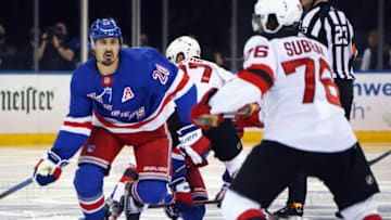 NEW YORK, NEW YORK - OCTOBER 06: Chris Kreider #20 of the New York Rangers skates against the New Jersey Devils during a preseason game at Madison Square Garden on October 06, 2021 in New York City. The Rangers defeated the Devils 6-2. (Photo by Bruce Bennett/Getty Images)