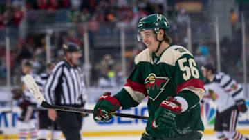 Feb 21, 2016; Minneapolis, MN, USA; Minnesota Wild forward Erik Haula (56) celebrates his goal during a Stadium Series hockey game at TCF Bank Stadium. The Minnesota Wild defeated the Chicago Blackhawks 6-1. Mandatory Credit: Brace Hemmelgarn-USA TODAY Sports