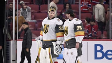 Nov 5, 2022; Montreal, Quebec, CAN; Vegas Golden Knights goalie Adin Hill (33) and teammate goalie Logan Thompson (36) leave the ice after the win against the Montreal Canadiens at the Bell Centre. Mandatory Credit: Eric Bolte-USA TODAY Sports