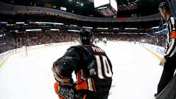 ANAHEIM, CA - MARCH 14: Corey Perry #10 of the Anaheim Ducks looks on after being tripped during the third period of a game against the Vancouver Canucks at Honda Center on March 14, 2018 in Anaheim, California. (Photo by Sean M. Haffey/Getty Images)