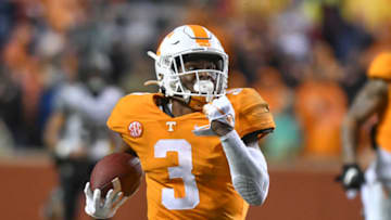 Nov 30, 2019; Knoxville, TN, USA; Tennessee Volunteers running back Eric Gray (3) runs for a touchdown against the Vanderbilt Commodores during the first half at Neyland Stadium. Mandatory Credit: Randy Sartin-USA TODAY Sports