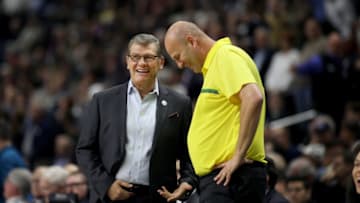 BRIDGEPORT, CONNECTICUT- MARCH 25: Head coach Geno Auriemma of the Connecticut Huskies with head coach Kelly Graves of the Oregon Ducks before the UConn Huskies Vs Oregon Ducks, NCAA Women's Division 1 Basketball Championship game on March 27th, 2017 at the Webster Bank Arena, Bridgeport, Connecticut. (Photo by Tim Clayton/Corbis via Getty Images)