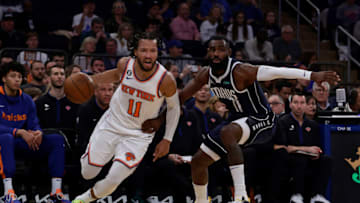 NEW YORK, NEW YORK - DECEMBER 03: (NEW YORK DAILIES OUT) Jalen Brunson #11 of the New York Knicks in action against Tim Hardaway Jr. #11 of the Dallas Mavericks at Madison Square Garden on December 03, 2022 in New York City. The Mavericks defeated the Knicks 121-100. NOTE TO USER: User expressly acknowledges and agrees that, by downloading and or using this photograph, User is consenting to the terms and conditions of the Getty Images License Agreement. (Photo by Jim McIsaac/Getty Images)
