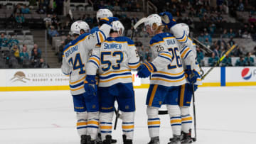 Nov 2, 2021; San Jose, California, USA; Buffalo Sabres left wing Jeff Skinner (53) celebrates with teammates during the third period against the San Jose Sharks at SAP Center at San Jose. Mandatory Credit: Stan Szeto-USA TODAY Sports