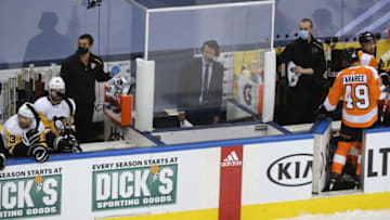 TORONTO, ONTARIO - JULY 28: Broadcaster Brian Boucher works the game between the Pittsburgh Penguins and the Philadelphia Flyers in an exhibition prior to the 2020 NHL Stanley Cup Playoffs at Scotiabank Arena on July 28, 2020 in Toronto, Ontario, Canada. (Photo by Andre Ringuette/Freestyle Photo/Getty Images)
