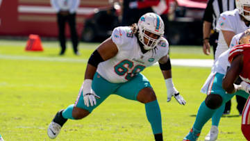 October 11, 2020; Santa Clara, California, USA; Miami Dolphins offensive tackle Robert Hunt (68) during the first quarter against the San Francisco 49ers at Levi's Stadium. Mandatory Credit: Kyle Terada-USA TODAY Sports