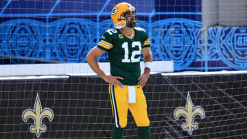 JACKSONVILLE, FLORIDA - SEPTEMBER 12: Aaron Rodgers #12 of the Green Bay Packers reacts during the second quarter against the New Orleans Saints at TIAA Bank Field on September 12, 2021 in Jacksonville, Florida. (Photo by Sam Greenwood/Getty Images)