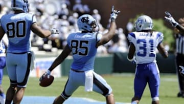 Sep 7, 2013; Chapel Hill, NC, USA; North Carolina Tar Heels tight end Eric Ebron (85) celebrates a catch during their game against the Middle Tennessee Blue Raiders at Kenan Memorial Stadium. Mandatory Credit: Liz Condo-USA TODAY Sports