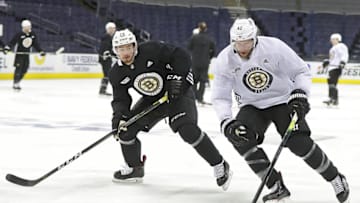 COLUMBUS, OH - MAY 1: Boston Bruins right wing David Backes (42) and defenseman Connor Clifton (75) take part in practice ahead of Game 4 of the second round of the NHL Stanley Cup playoffs against the Columbus Blue Jackets at Nationwide Arena in Columbus, OH on May 1, 2019. (Photo by Matthew J. Lee/The Boston Globe via Getty Images)
