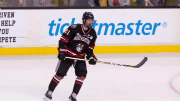 BOSTON, MA - FEBRUARY 5: Nolan Stevens #21 of the Northeastern Huskies skates against the Boston College Eagles during NCAA hockey in the semifinals of the annual Beanpot Hockey Tournament at TD Garden on February 5, 2018 in Boston, Massachusetts. The Huskies won 3-0 and advance to the Beanpot championship game February 12. (Photo by Richard T Gagnon/Getty Images)