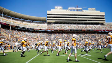 KNOXVILLE, TENNESSEE - AUGUST 31: The Tennessee Volunteers warm up before the season opener against the Georgia State Panthers at Neyland Stadium on August 31, 2019 in Knoxville, Tennessee. (Photo by Silas Walker/Getty Images)
