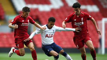 LIVERPOOL, ENGLAND - AUGUST 17: Marcus Edwards of Tottenham Hotspur battles with Adam Lewis and Curtis Jones of Liverpool during the Premier League 2 match between Liverpool at Tottenham Hotspur at Anfield on August 17, 2018 in Liverpool, England. (Photo by Jan Kruger/Getty Images)
