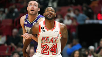 Jan 14, 2023; Miami, Florida, USA; Miami Heat forward Haywood Highsmith (24) blocks out Milwaukee Bucks guard Pat Connaughton (24) during the first half at Miami-Dade Arena. Mandatory Credit: Jim Rassol-USA TODAY Sports