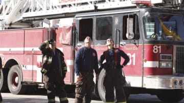 CHICAGO FIRE -- "Halfway To The Moon" Episode 1020 -- Pictured: (l-r) Christian Stolte as Mouch, Taylor Kinney as Kelly Severide, Miranda Rae Mayo as Stella -- (Photo by: Adrian S. Burrows Sr./NBC)