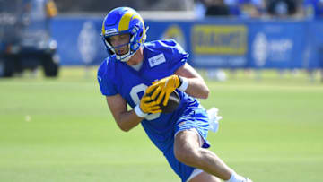 Jul 29, 2021; Irvine, CA, USA; Los Angeles Rams wide receiver Ben Skowronek (81) runs with the ball during training camp at University of California, Irvine. Mandatory Credit: John McCoy-USA TODAY Sports