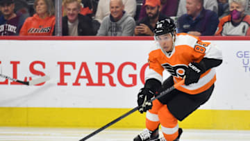Nov 10, 2021; Philadelphia, Pennsylvania, USA; Philadelphia Flyers right wing Cam Atkinson (89) carries the puck against the Toronto Maple Leafs during the first period at Wells Fargo Center. Mandatory Credit: Eric Hartline-USA TODAY Sports