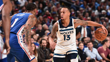 PHILADELPHIA, PA - OCTOBER 30: Shabazz Napier #13 of the Minnesota Timberwolves handles the ball against the Philadelphia 76ers. Copyright 2019 NBAE (Photo by David Dow/NBAE via Getty Images)