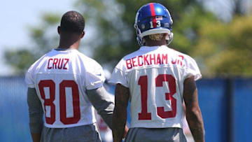 Jun 6, 2016; East Rutherford, NJ, USA; New York Giants wide receiver Odell Beckham (13) and New York Giants wide receiver Victor Cruz (80) during organized team activities at Quest Diagnostics Training Center. Mandatory Credit: Ed Mulholland-USA TODAY Sports