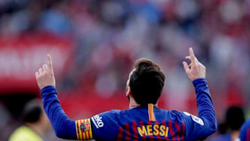 SEVILLA, SPAIN - FEBRUARY 23: Lionel Messi of FC Barcelona celebrates 2-3 during the La Liga Santander match between Sevilla v FC Barcelona at the Estadio Ramon Sanchez Pizjuan on February 23, 2019 in Sevilla Spain (Photo by Eric Verhoeven/Soccrates/Getty Images)