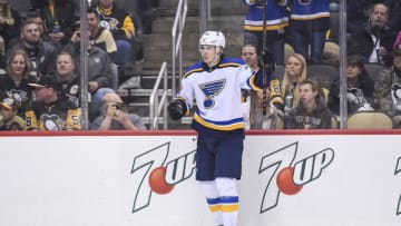 PITTSBURGH, PA - MARCH 16: St. Louis Blues Center Oskar Sundqvist (70) celebrates after scoring a goal during the first period in the NHL game between the Pittsburgh Penguins and the St. Louis Blues on March 16, 2019, at PPG Paints Arena in Pittsburgh, PA. (Photo by Jeanine Leech/Icon Sportswire via Getty Images)