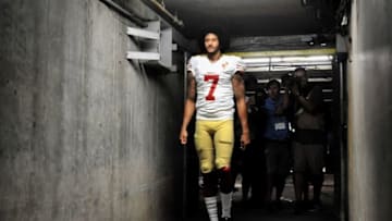 Sep 1, 2016; San Diego, CA, USA; San Francisco 49ers quarterback Colin Kaepernick (7) walks into the tunnel after the game against the San Diego Chargers at Qualcomm Stadium. San Francisco won 31-21. Mandatory Credit: Orlando Ramirez-USA TODAY Sports