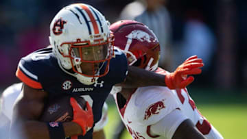 Auburn football wide receiver Koy Moore (0) turns up field after making a catch as the Auburn Tigers take on Arkansas Razorbacks at Jordan-Hare Stadium in Auburn, Ala., on Saturday, Oct. 29, 2022.