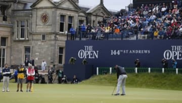 Jul 19, 2015; St. Andrews, Fife, SCT; Jason Day misses a birdie putt on the 18th green during the third round of the 144th Open Championship at St. Andrews - Old Course. Mandatory Credit: Brian Spurlock-USA TODAY Sports