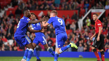 MANCHESTER, ENGLAND - AUGUST 10: Jamie Vardy of Leicester City celebrates with Kelechi Iheanacho of Leicester City after he scored their second goal during the Premier League match between Manchester United and Leicester City at Old Trafford on August 10, 2018 in Manchester, United Kingdom. (Photo by Laurence Griffiths/Getty Images)