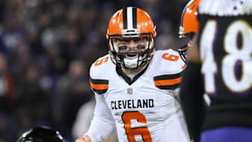 BALTIMORE, MD - DECEMBER 30, 2018: Quarterback Baker Mayfield #6 of the Cleveland Browns makes a call at the line of scrimmage in the fourth quarter of a game against the Baltimore Ravens on December 30, 2018 at M&T Bank Stadium in Baltimore, Maryland. Baltimore won 26-24. (Photo by: 2018 Nick Cammett/Diamond Images/Getty Images)