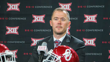 FRISCO, TX - JULY 17: Oklahoma head coach Lincoln Riley takes questions during the Big 12 Conference Football Media Days on July 17, 2017 at Ford Center at The Star in Frisco, Texas. (Photo by George Walker/Icon Sportswire via Getty Images)