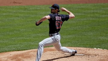 CINCINNATI, OHIO - APRIL 18: Shane Bieber #57 of the Cleveland Indians pitches in the first inning against the Cincinnati Reds at Great American Ball Park on April 18, 2021 in Cincinnati, Ohio. (Photo by Dylan Buell/Getty Images)