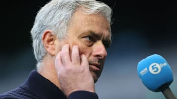 LONDON, ENGLAND - APRIL 11: Jose Mourinho, Manager of Tottenham Hotspur looks dejected as he is interviewed by media following the Premier League match between Tottenham Hotspur and Manchester United at Tottenham Hotspur Stadium on April 11, 2021 in London, England. Sporting stadiums around the UK remain under strict restrictions due to the Coronavirus Pandemic as Government social distancing laws prohibit fans inside venues resulting in games being played behind closed doors. (Photo by Marc Atkins/Getty Images)