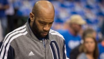 May 2, 2014; Dallas, TX, USA; Dallas Mavericks guard Vince Carter (25) before the game against the San Antonio Spurs in the first round of the 2014 NBA Playoffs at American Airlines Center. The Mavericks defeated the Spurs 113-111. Mandatory Credit: Jerome Miron-USA TODAY Sports