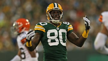 GREEN BAY, WI - AUGUST 16: Donald Driver #80 of the Green Bay Packers complains to a referee during a preseason game against the Cleveland Browns at Lambeau Field on August 16, 2012 in Green Bay, Wisconsin. (Photo by Jonathan Daniel/Getty Images)