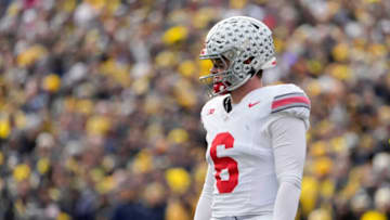 Nov. 25, 2023; Ann Arbor, Mi., USA;Ohio State Buckeyes quarterback Kyle McCord (6) looks for a play to be called during the first half of Saturday's NCAA Division I football game against the Michigan Wolverines at Michigan Stadium.