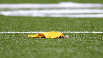 NEW ORLEANS, LA - OCTOBER 15: An officials penalty flag is seen during a game between the New Orleans Saints and the Detroit Lions at the Mercedes-Benz Superdome on October 15, 2017 in New Orleans, Louisiana. (Photo by Jonathan Bachman/Getty Images)