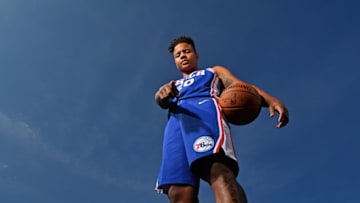 TARRYTOWN, NY - AUGUST 11: Markelle Fultz #20 f the Philadelphia 76ers poses for a portrait during the 2017 NBA rookie photo shoot on August 11, 2017 at the Madison Square Garden Training Facility in Tarrytown, New York. NOTE TO USER: User expressly acknowledges and agrees that, by downloading and or using this photograph, User is consenting to the terms and conditions of the Getty Images License Agreement. Mandatory Copyright Notice: Copyright 2017 NBAE (Photo by Jesse D. Garrabrant/NBAE via Getty Images)