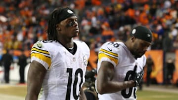 Jan 17, 2016; Denver, CO, USA; Pittsburgh Steelers wide receiver Martavis Bryant (10) and wide receiver Darrius Heyward-Bey (88) walk off the field after the AFC Divisional round playoff game against the Denver Broncos at Sports Authority Field at Mile High. Denver won 23-16. Mandatory Credit: Matthew Emmons-USA TODAY Sports